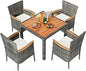 7 Piece Patio Dining Set, Wicker Patio Conversation Set with Wooden Table Top, Outdoor Table and Chairs with Soft Cushions for