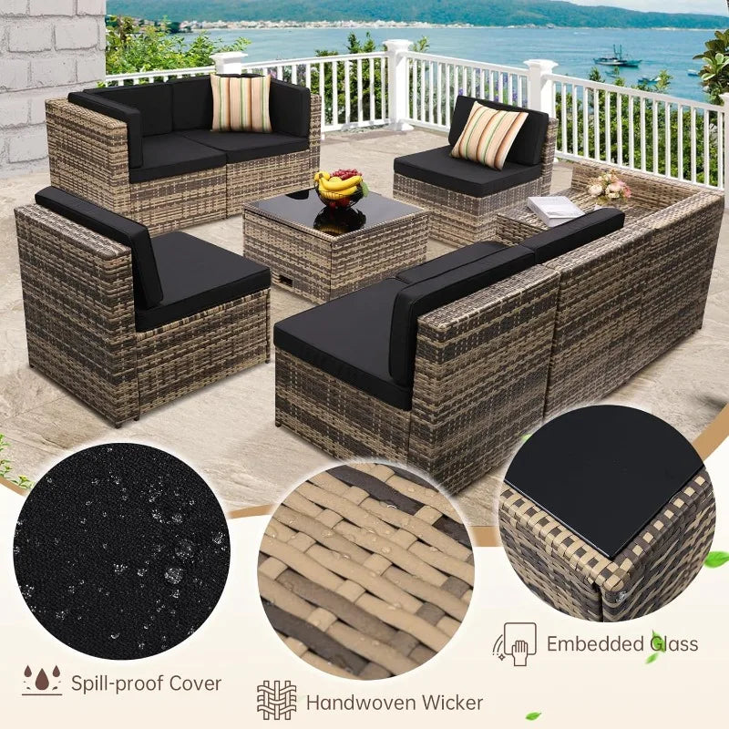 8 Piece Outdoor Wicker Patio Furniture Sectional Set With Glass Top Table