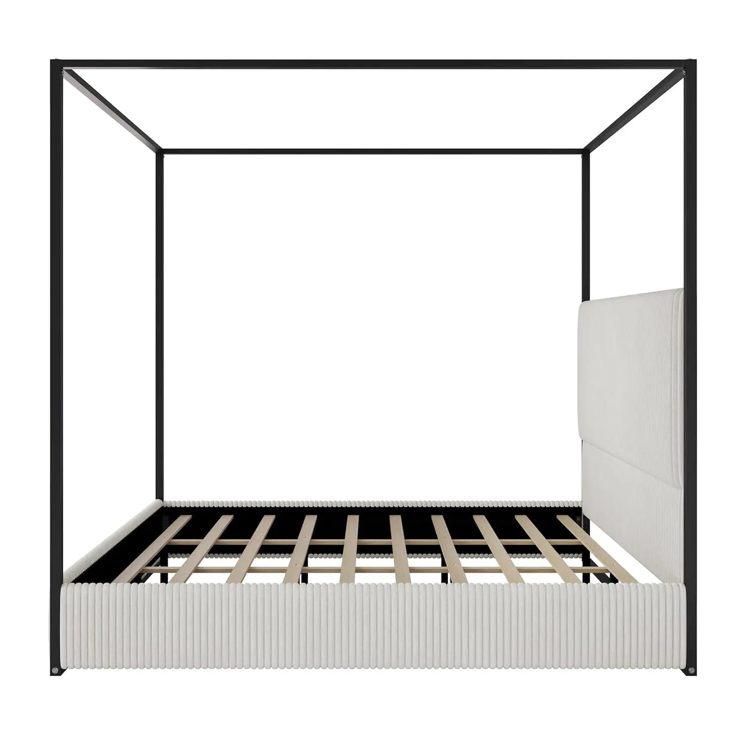 King Size Metal Canopy Bed Frame with Tall Corduroy Upholstered Headboard