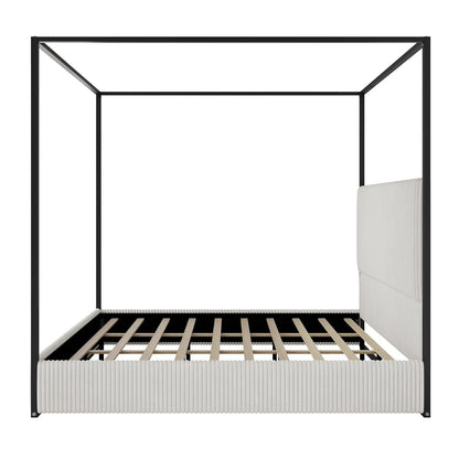 King Size Metal Canopy Bed Frame with Tall Corduroy Upholstered Headboard
