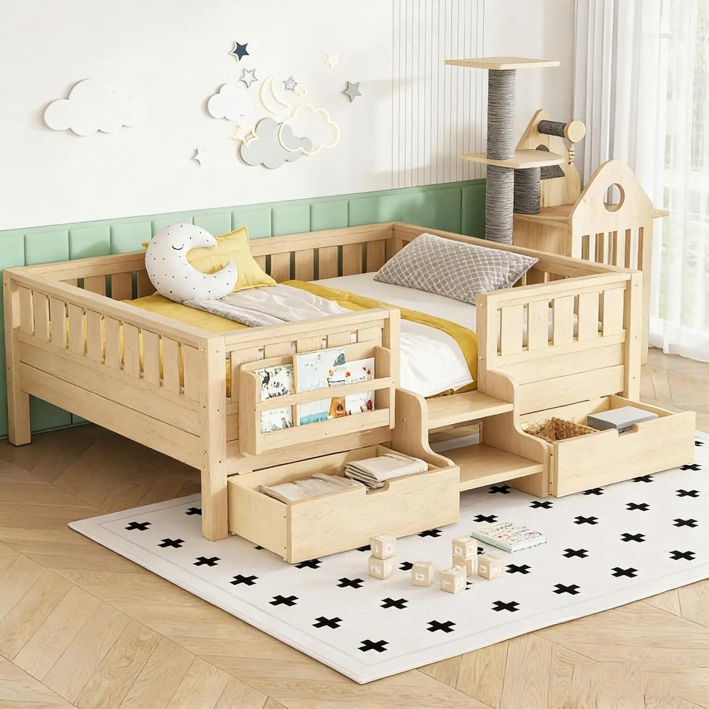 Full Size Kids Montessori Bed Frame with Stairs Bookshelf Drawers