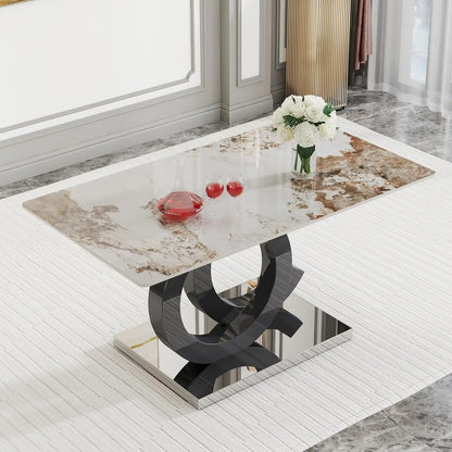 Modern Rectangular Marble Top Dining Table with Black Open-Concept Design Base