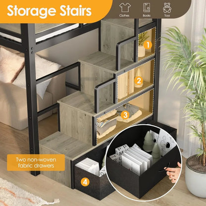 Twin Size Heavy Duty Metal Loft Bed with Stairs, Storage & Large Under-Bed Space