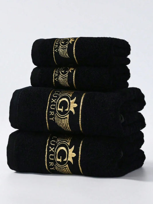 Black Bamboo Fiber Towel Set with Gold Embroidered Logo