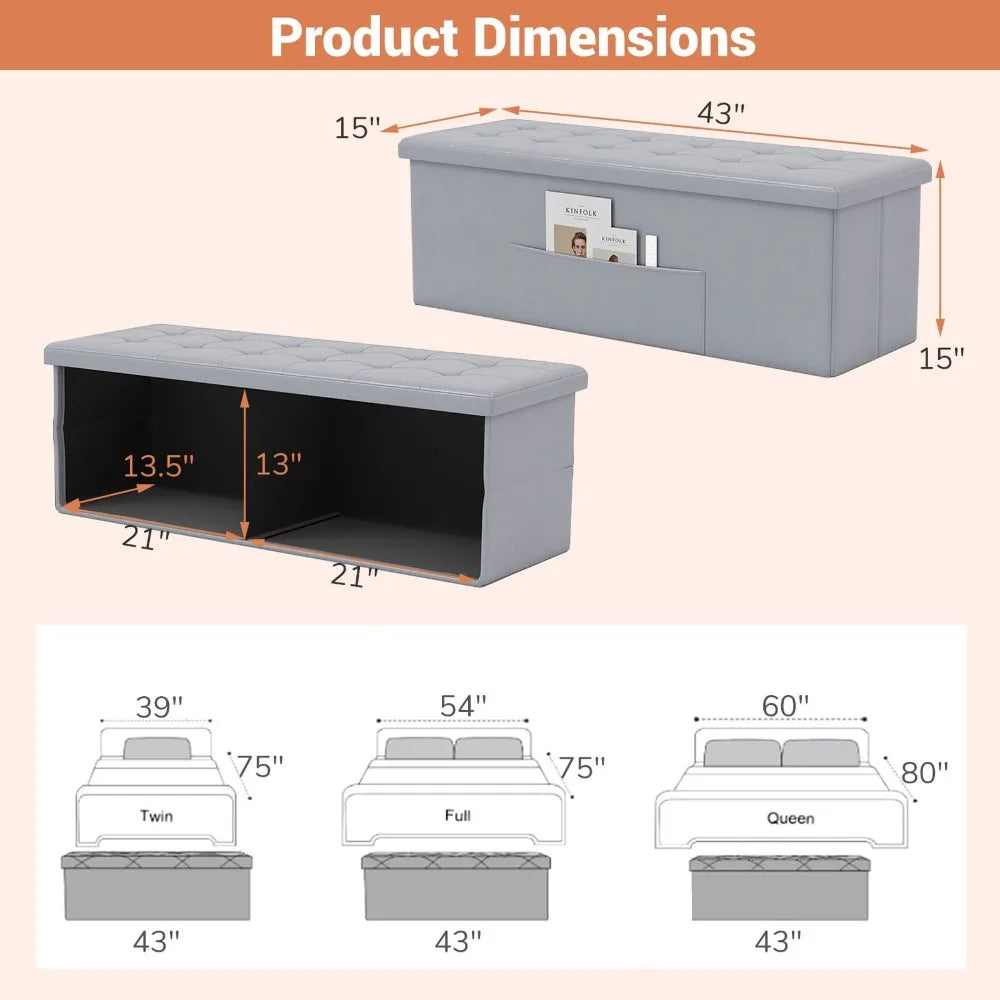 Folding Storage Ottoman Bench with Side Pocket Storage Chest