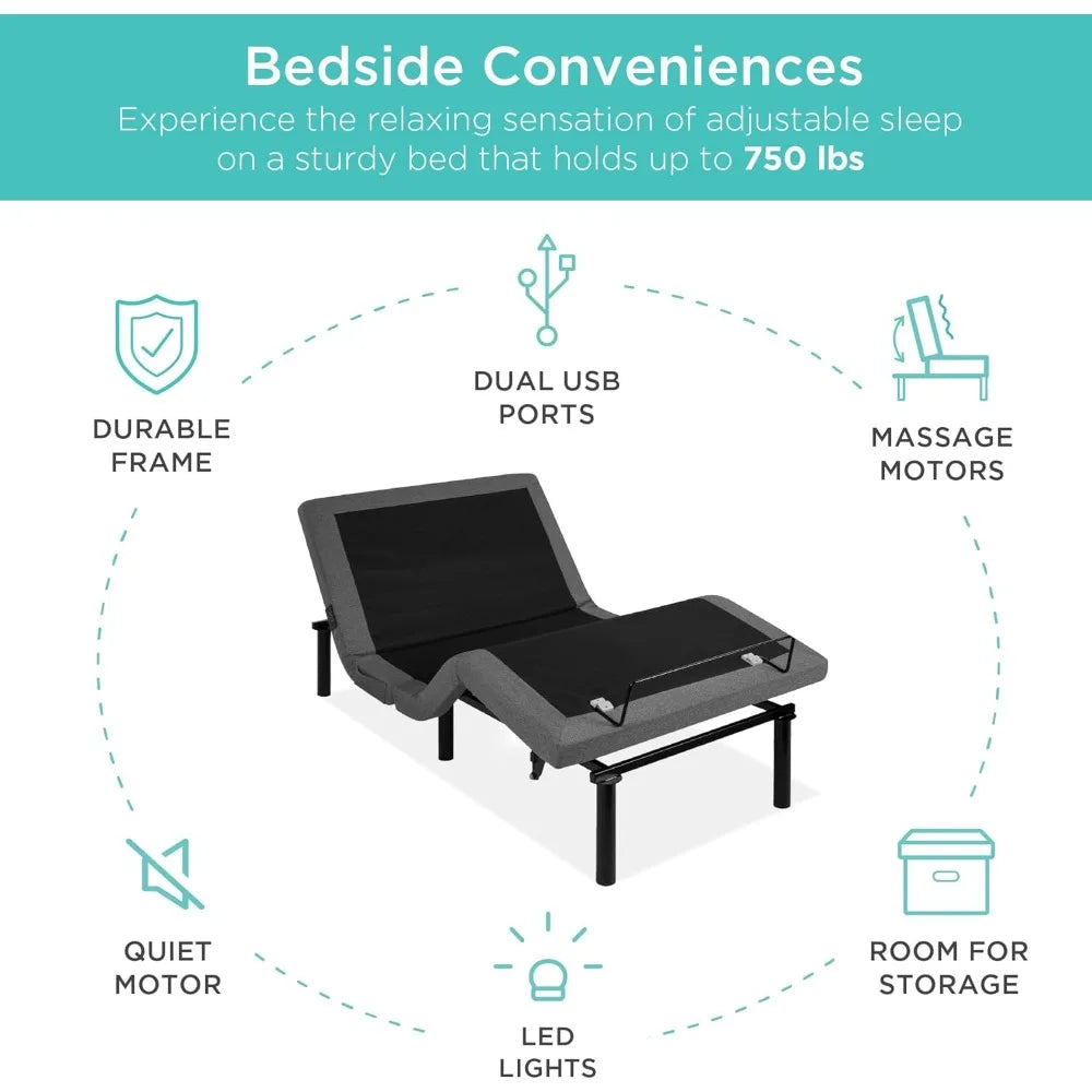 Queen Size Adjustable Bed Frame with Wireless Remote, Massager, USB Ports & Nightlight