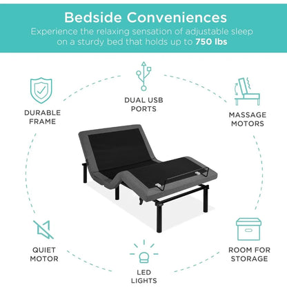 Queen Size Adjustable Bed Frame with Wireless Remote, Massager, USB Ports & Nightlight