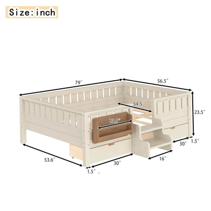 Full Size Kids Montessori Bed Frame with Stairs Bookshelf Drawers