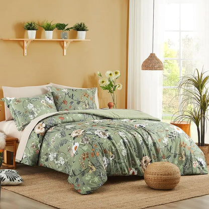 King Size Comforter 7 Piece Green Floral Bedding Set