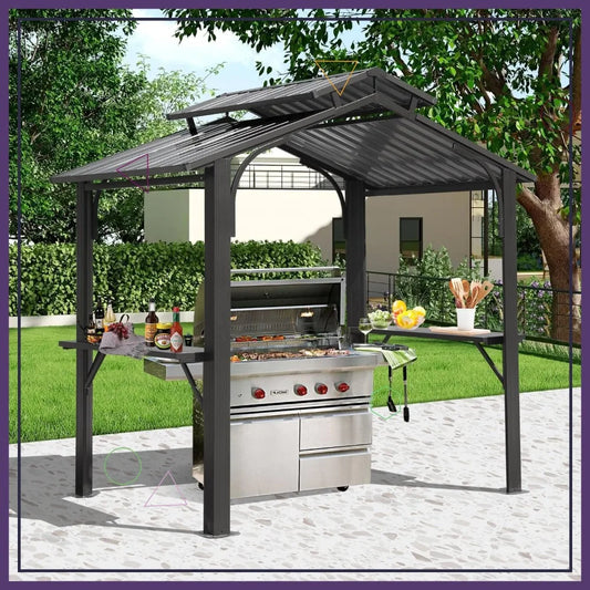 8x5FT Hardtop Grill Gazebo, Outdoor BBQ Shelter with Steel Roof
