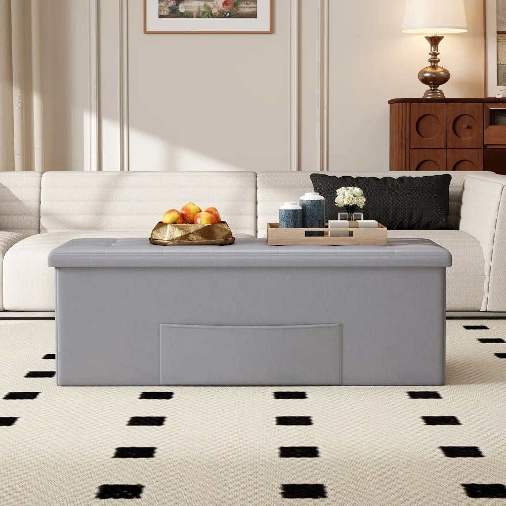 Folding Storage Ottoman Bench with Side Pocket Storage Chest
