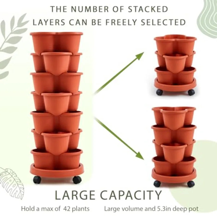 2 Set of 7 Tier Stackable Vertical Planters with Removable Wheels