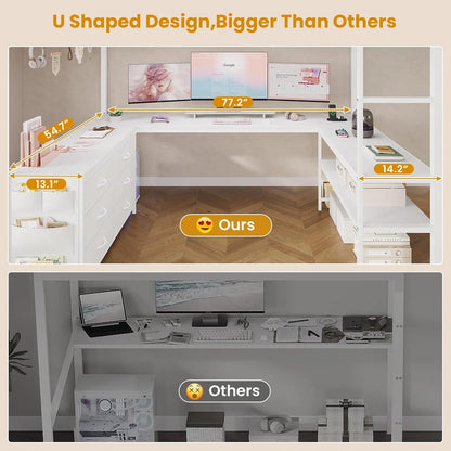 Loft Bed Full Size with U-Shaped Desk, 6 Storage Drawers