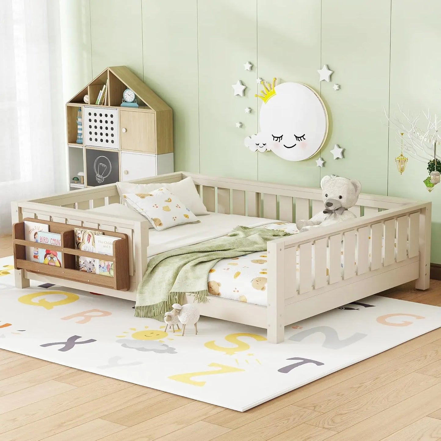 Full Size Kids Montessori Bed Frame with Stairs Bookshelf Drawers