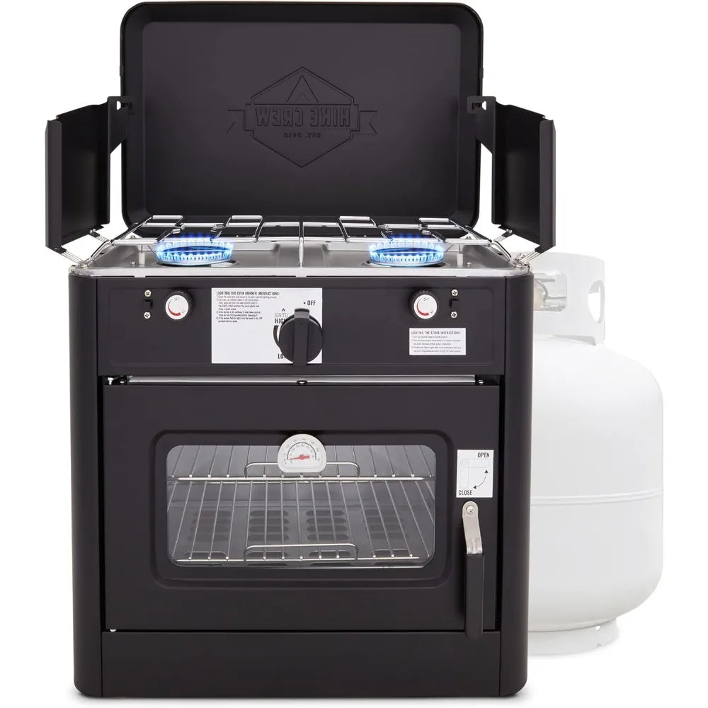 Outdoor Gas Camping Oven, 2-Burner Stove & Auto Ignition