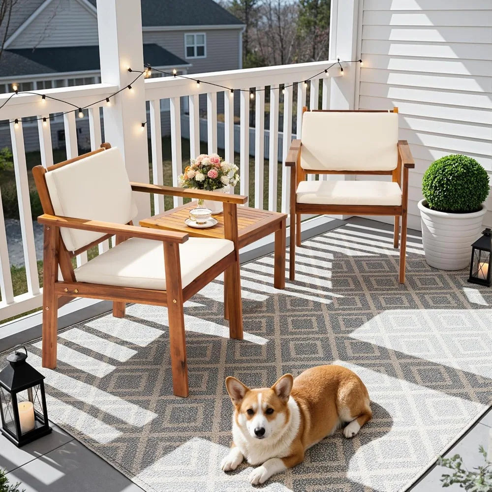 3-Piece Acacia Wood Patio Furniture Set with Coffee Table & Cushions