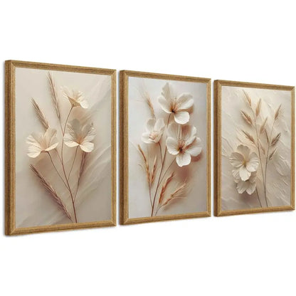 3-Piece Framed Neutral Beige Floral Canvas Wall Art