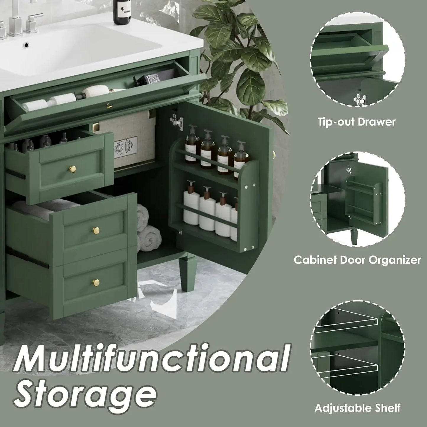 Solid Wood Bathroom Vanity with Soft-Close Doors & Tip-Out Drawer