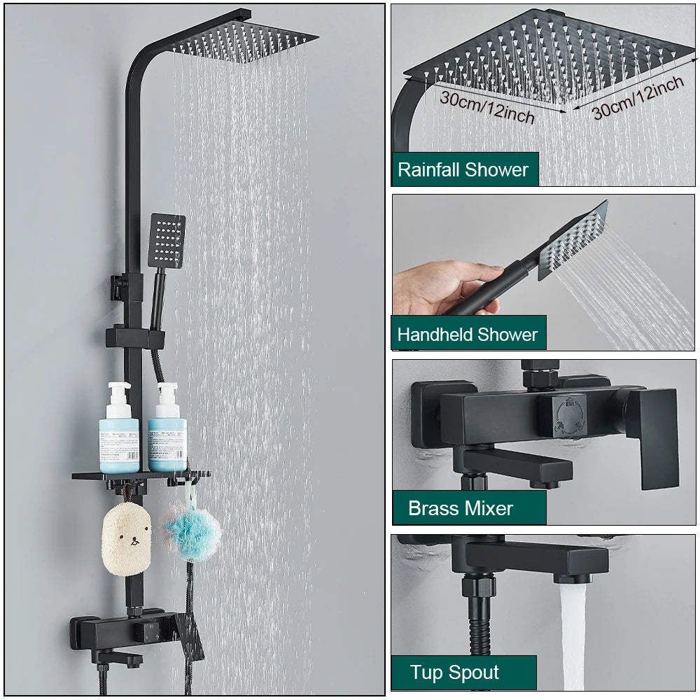 Black Shower Rainfall Faucet Set