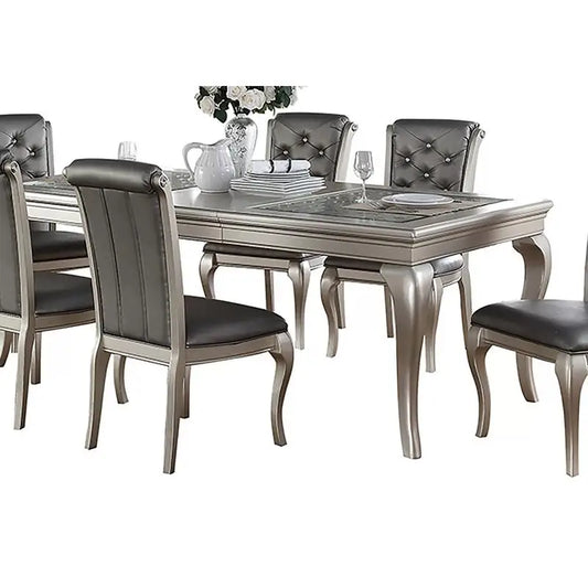 7pc Rect. Glass Dining Table w/ Silver Hue & 6 Tufted Chairs