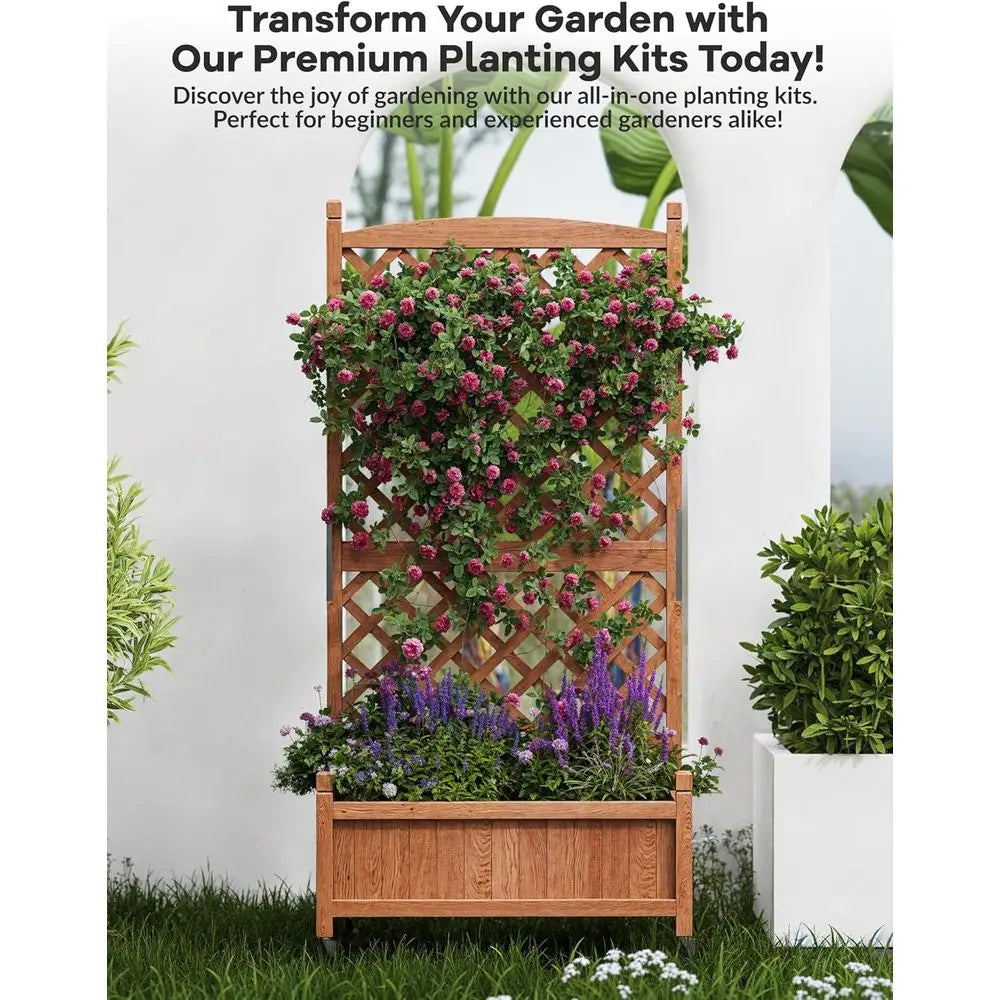 Wheeled Wooden Planter Box with Trellis for Privacy and Patio Gardening