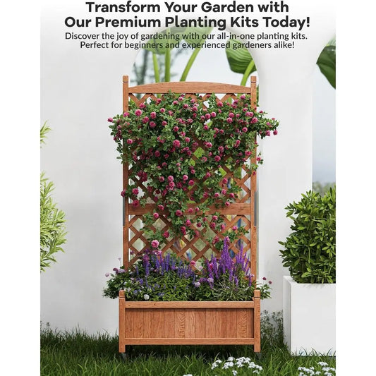 Wheeled Wooden Planter Box with Trellis for Privacy and Patio Gardening