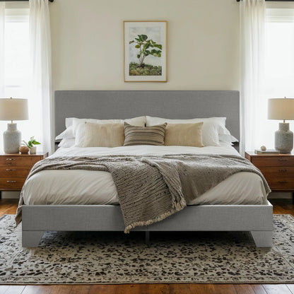 Linen Fabric Upholstered Bed Frame with Adjustable Headboard