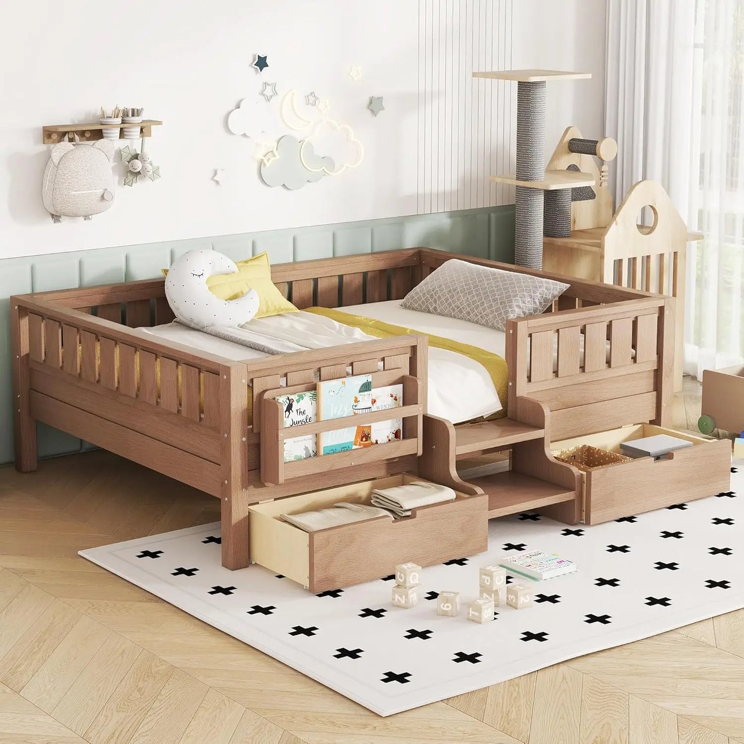 Full Size Kids Montessori Bed Frame with Stairs Bookshelf Drawers