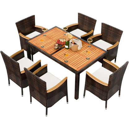 7 Piece Patio Dining Set, Wicker Patio Conversation Set with Wooden Table Top, Outdoor Table and Chairs with Soft Cushions for