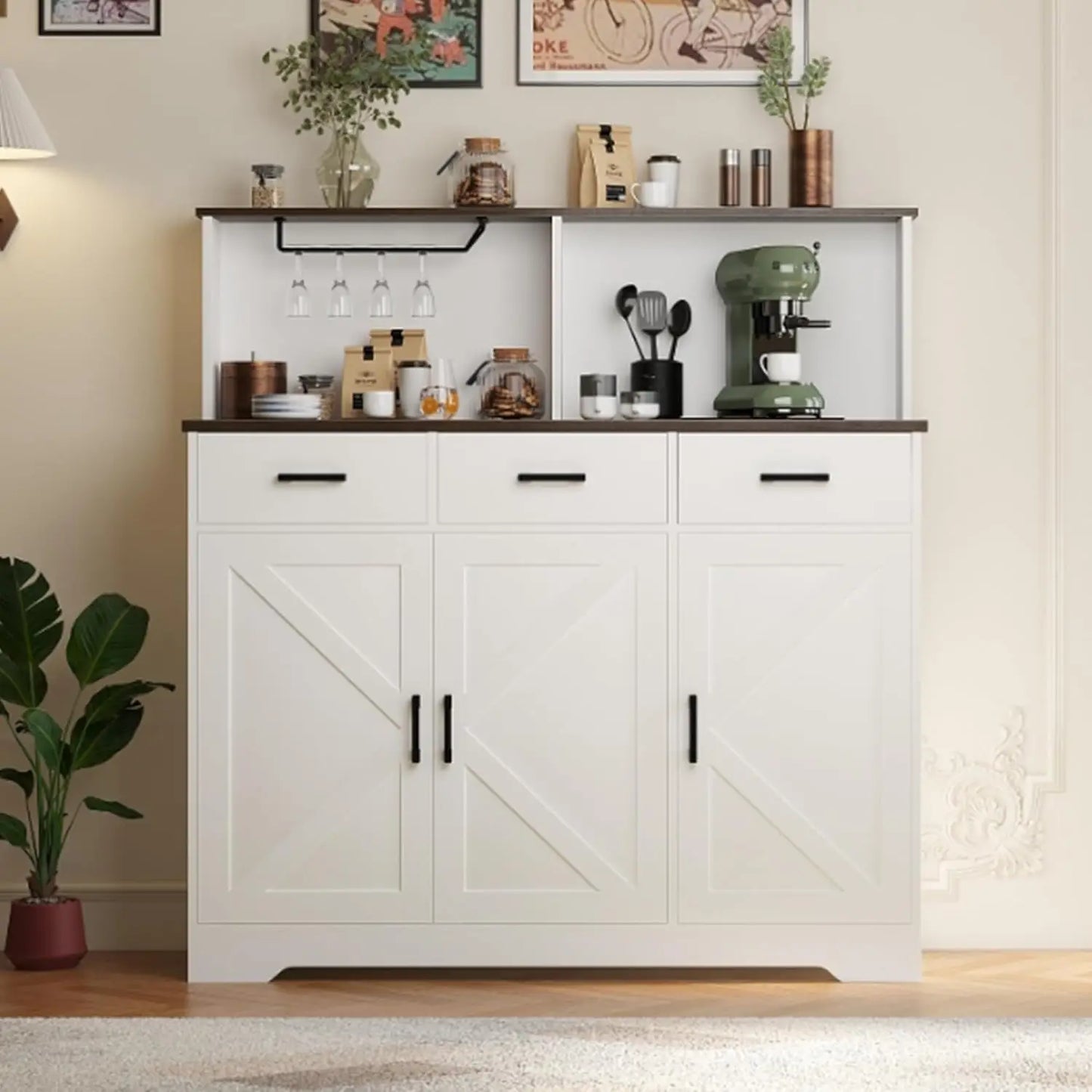 Buffet Cabinet with Storage, Coffee Bar, with 3 Doors, 3 Drawers