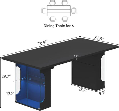70.8" Modern Dining Table with Glass Storage Cabinet & LED Lights