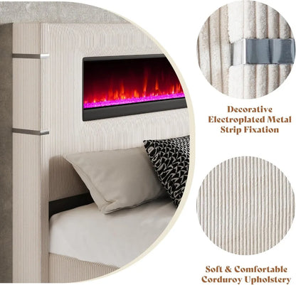 Modern Queen Size Bed Frame with Fireplace