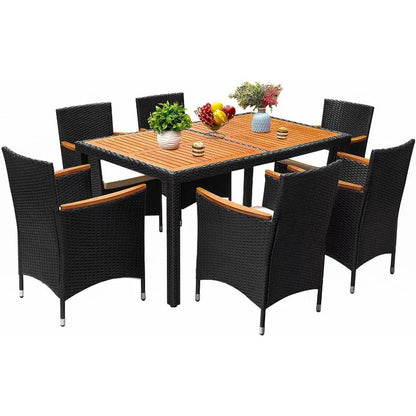 7 Piece Patio Acacia Wood Table and Chairs with Soft Cushions