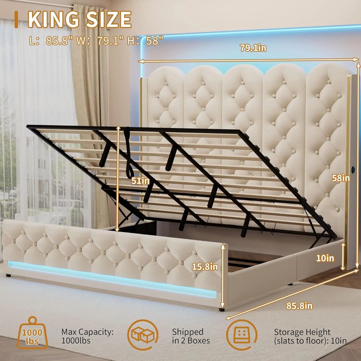 King Upholstered Platform Storage Bed With Lift Frame