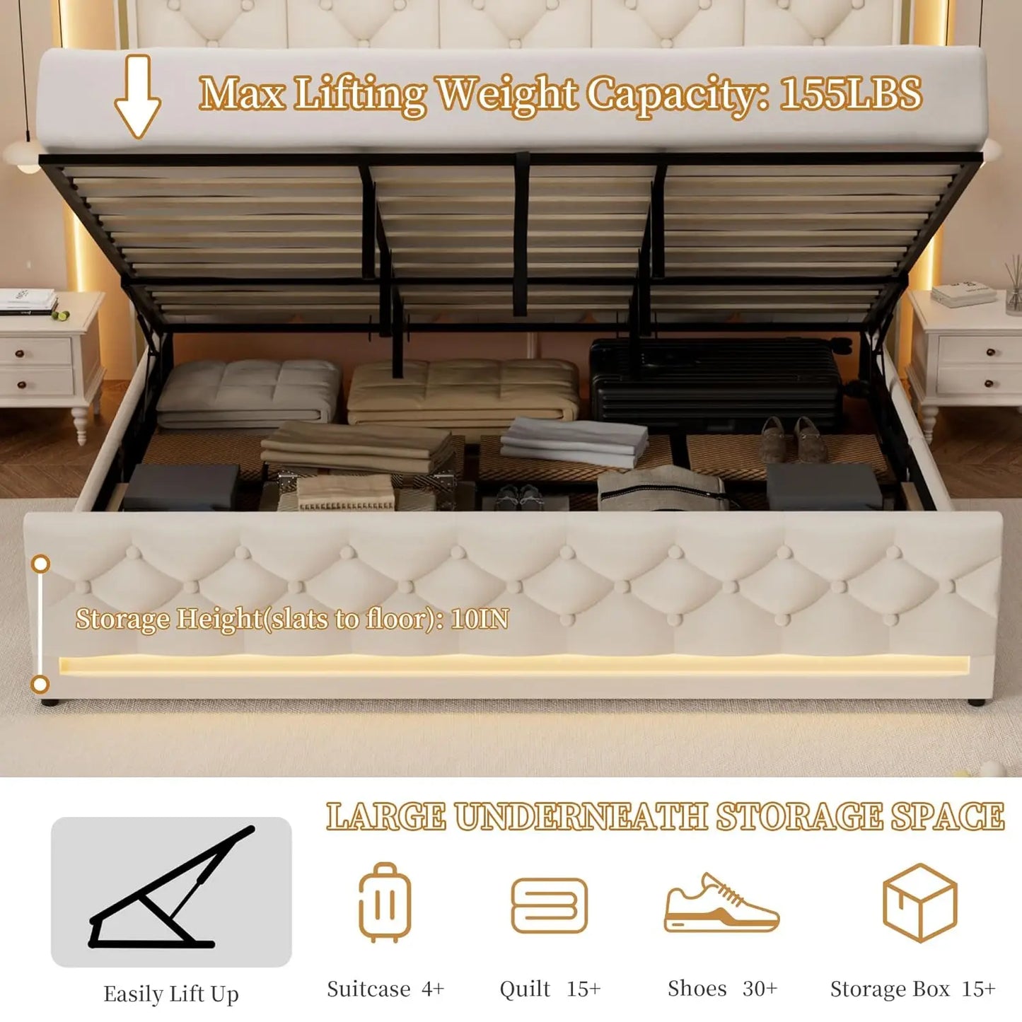 King Upholstered Platform Storage Bed With Lift Frame
