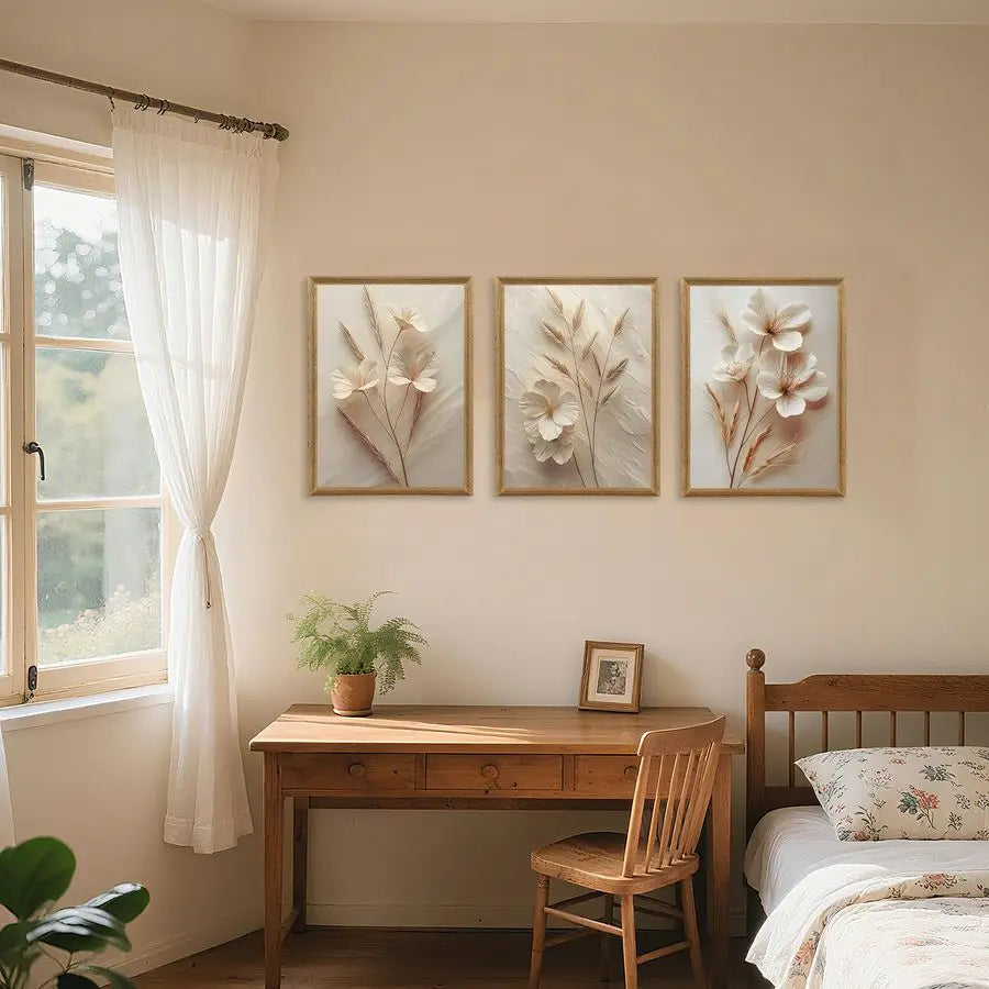 3-Piece Framed Neutral Beige Floral Canvas Wall Art