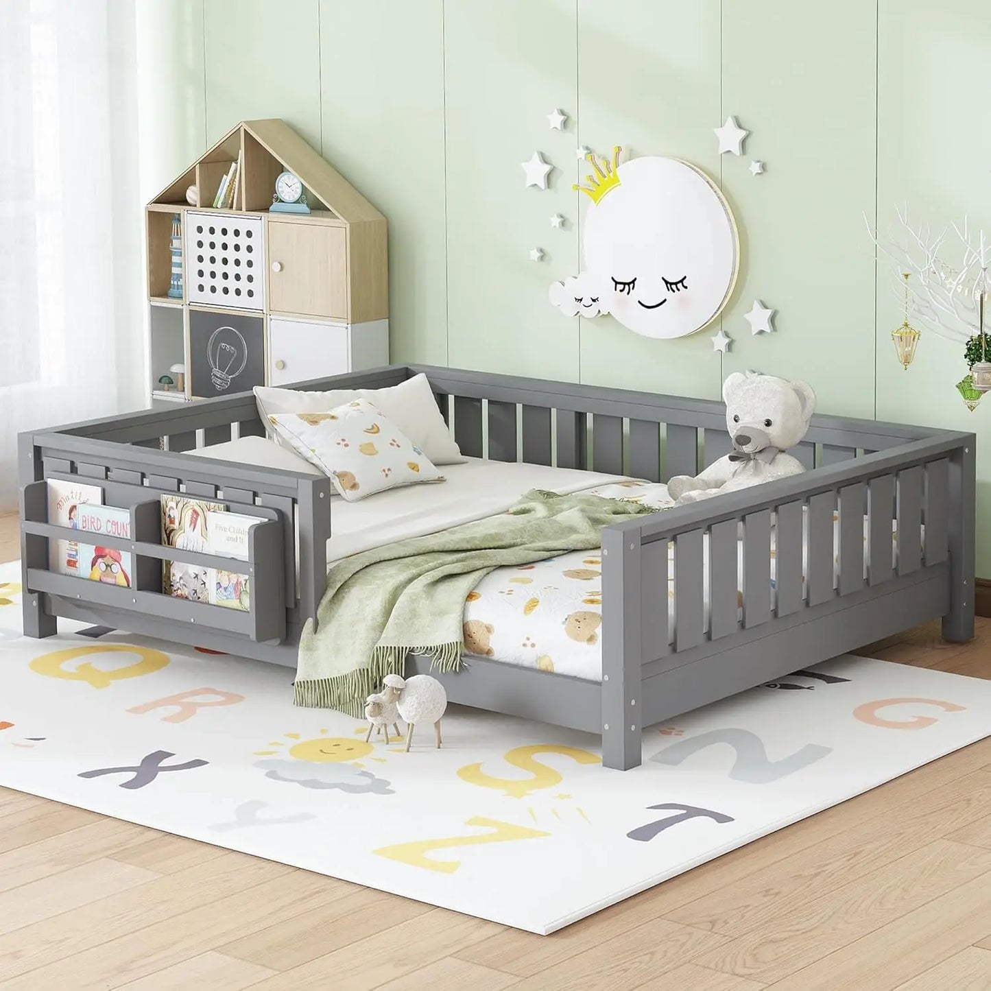 Full Size Kids Montessori Bed Frame with Stairs Bookshelf Drawers