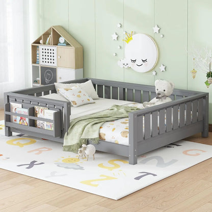 Full Size Kids Montessori Bed Frame with Stairs Bookshelf Drawers