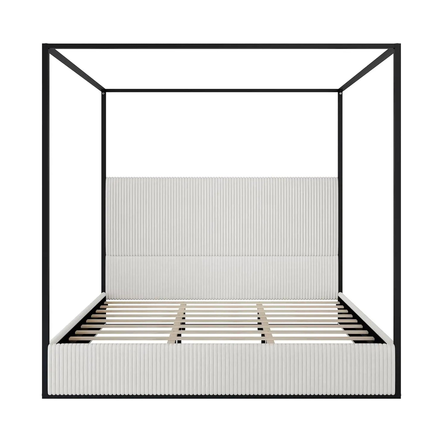 King Size Metal Canopy Bed Frame with Tall Corduroy Upholstered Headboard