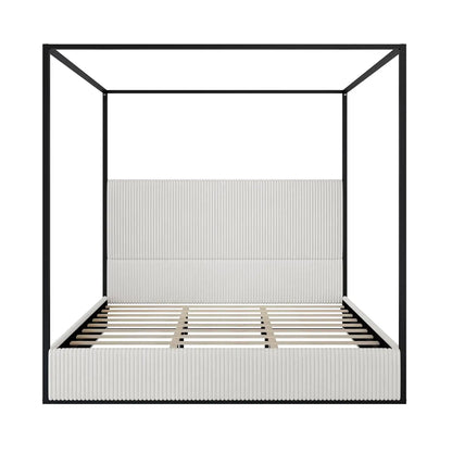 King Size Metal Canopy Bed Frame with Tall Corduroy Upholstered Headboard