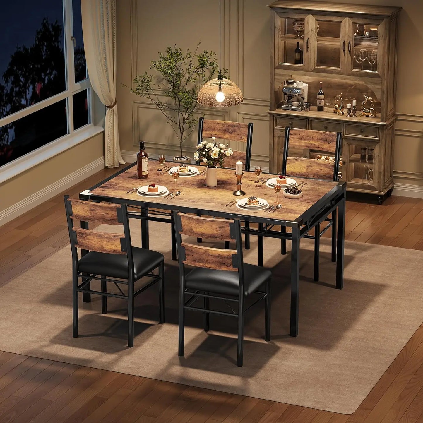 Wood Kitchen Table with Corner Protector, 4 Upholstered Chairs