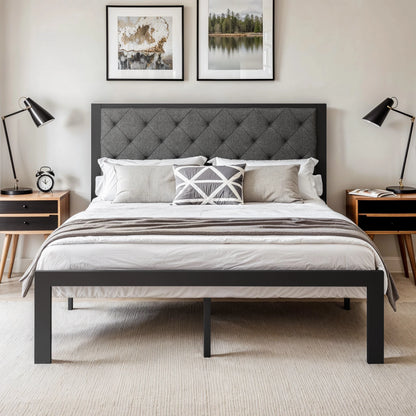 HOOMIC Metal Bed Frame with Upholstered Finely Stitched Headboard