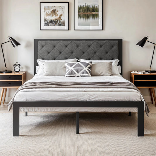 HOOMIC Metal Bed Frame with Upholstered Finely Stitched Headboard
