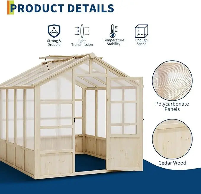 Heavy Duty Wooden Greenhouse with Polycarbonate Panels & Lockable Door