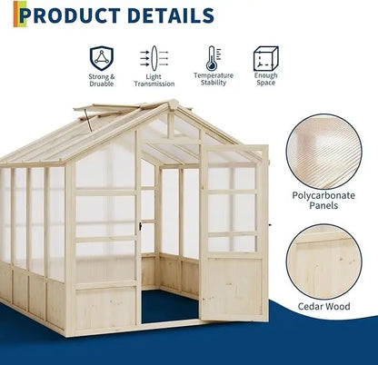 Heavy Duty Wooden Greenhouse with Polycarbonate Panels & Lockable Door