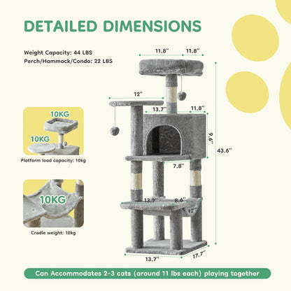 44In Tall Multi-Cat Climbing Tower With Scratching Posts