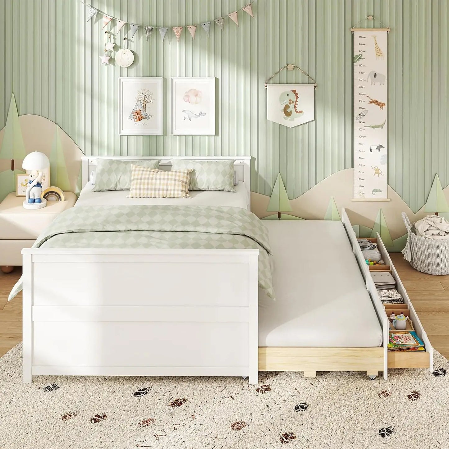 Full Size Bed Frame with Twin Trundle & 3 Drawers