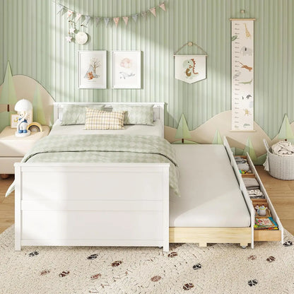 Full Size Bed Frame with Twin Trundle & 3 Drawers