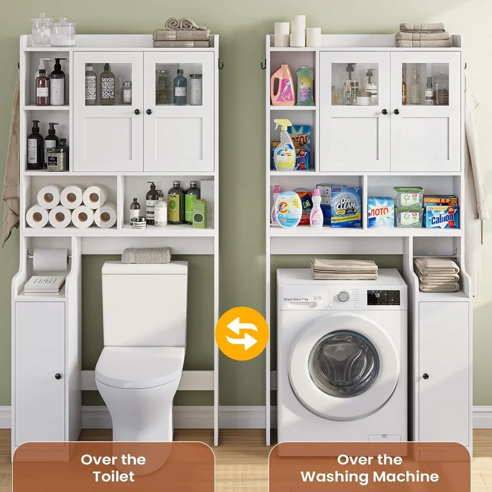 Over Toilet Storage Cabinet with Glass Doors, Bathroom Organizer with Adjustable Shelves
