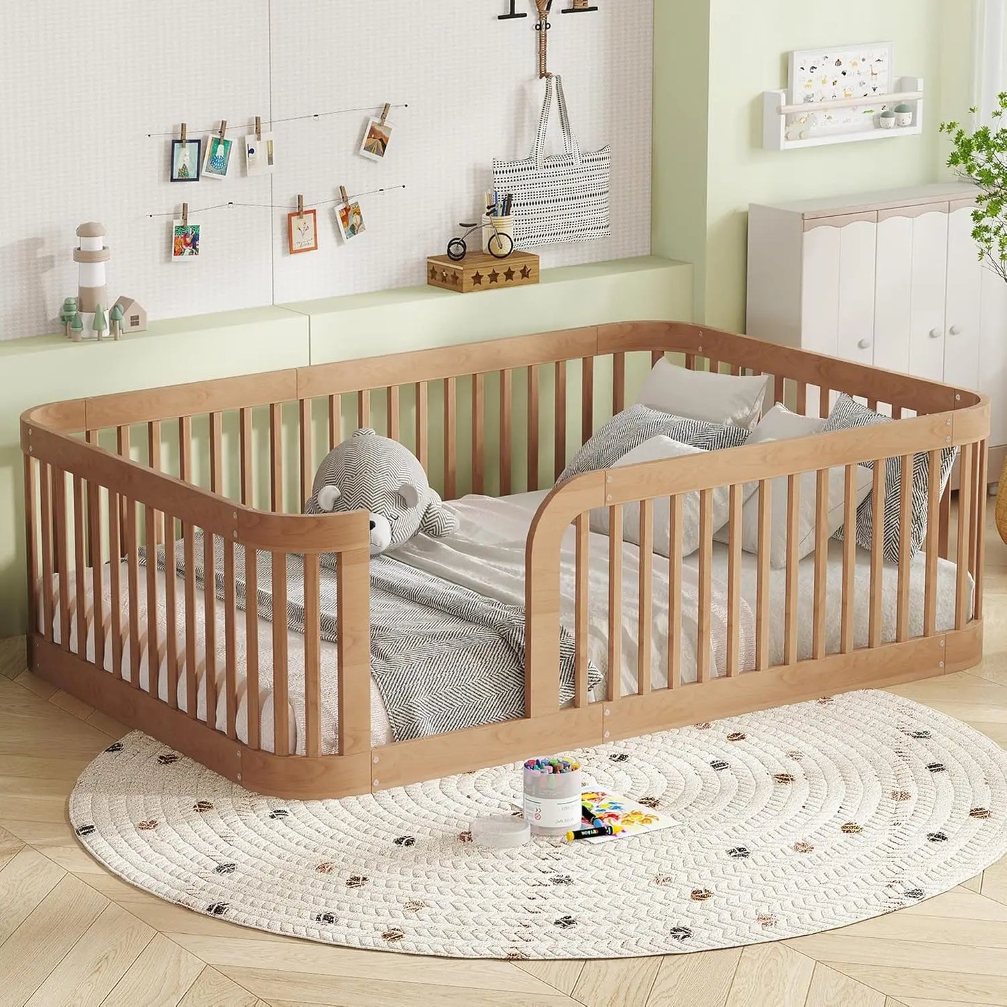 Full Size Kids Montessori Bed Frame with Stairs Bookshelf Drawers